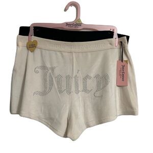 Juicy Couture Lounge Shorts Women L Black Ivory 2 Pk Velour Plush Bling Logo NWT